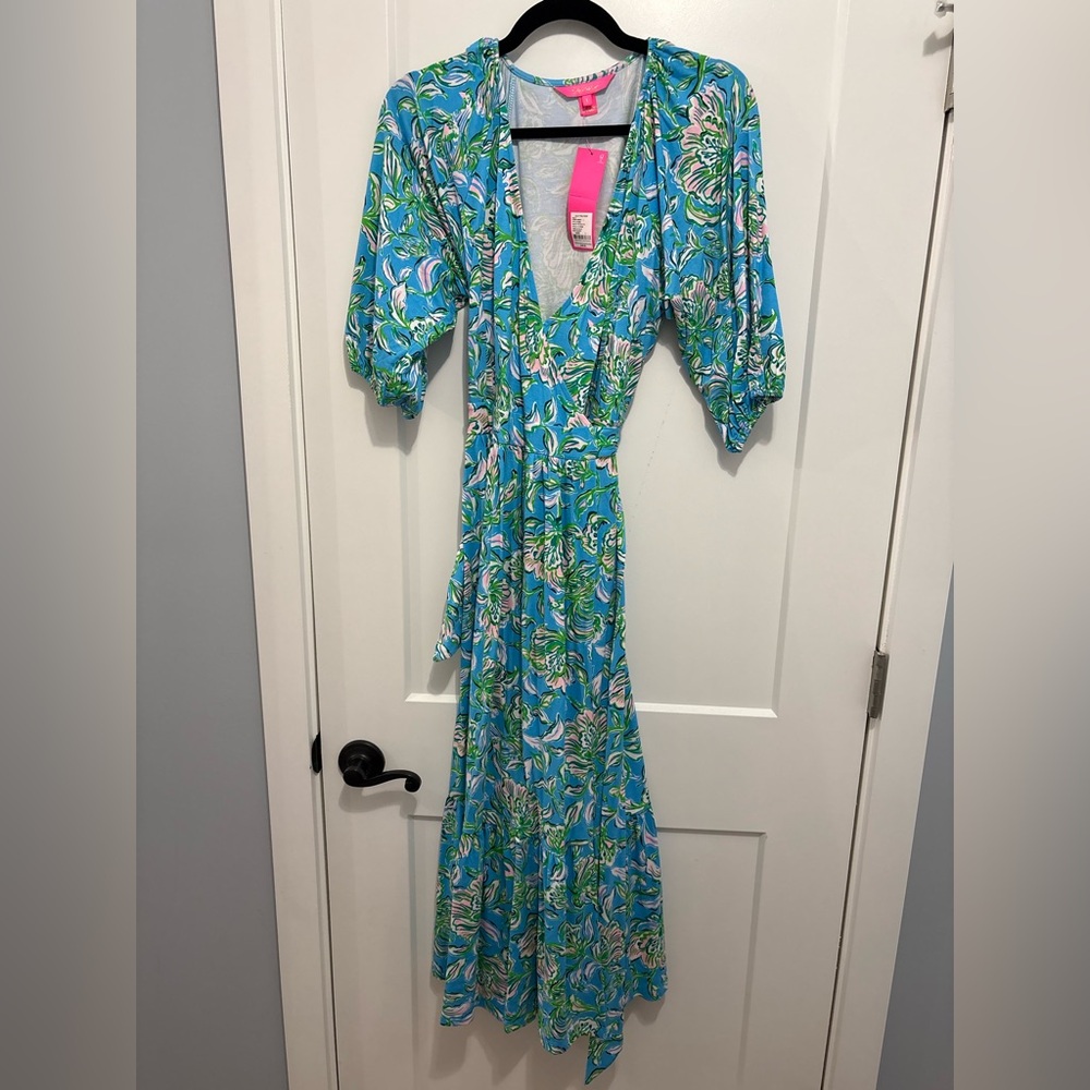 Lilly Pulitzer Vibrant Blue Floral Wrap Midi Dress